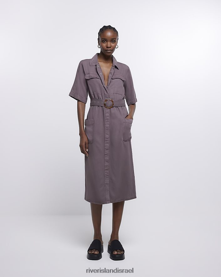 לבוש River Island שמלת חולצת מידי חגורה עם שרוולים קצרים חום נשים BDZ4081760