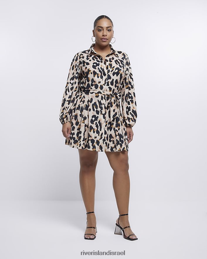 לבוש River Island בתוספת שמלת מיני חולצה בהדפס נמר בז' נשים BDZ4081774