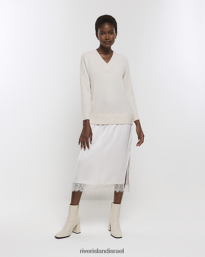 לבוש River Island שמלת מידי מגשר סאטן קרם נשים BDZ408183