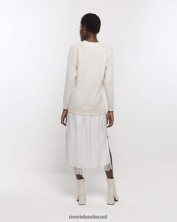 לבוש River Island שמלת מידי מגשר סאטן קרם נשים BDZ408183