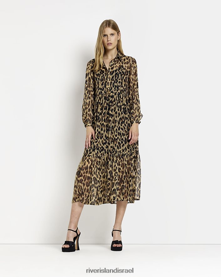 לבוש River Island שמלת חולצת מקסי בהדפס חיות שיפון חום נשים BDZ4081863