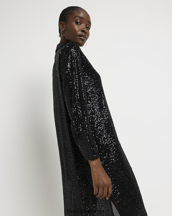 לבוש River Island שמלת חולצת מידי עם שרוולים ארוכים נצנצים שָׁחוֹר נשים BDZ408191