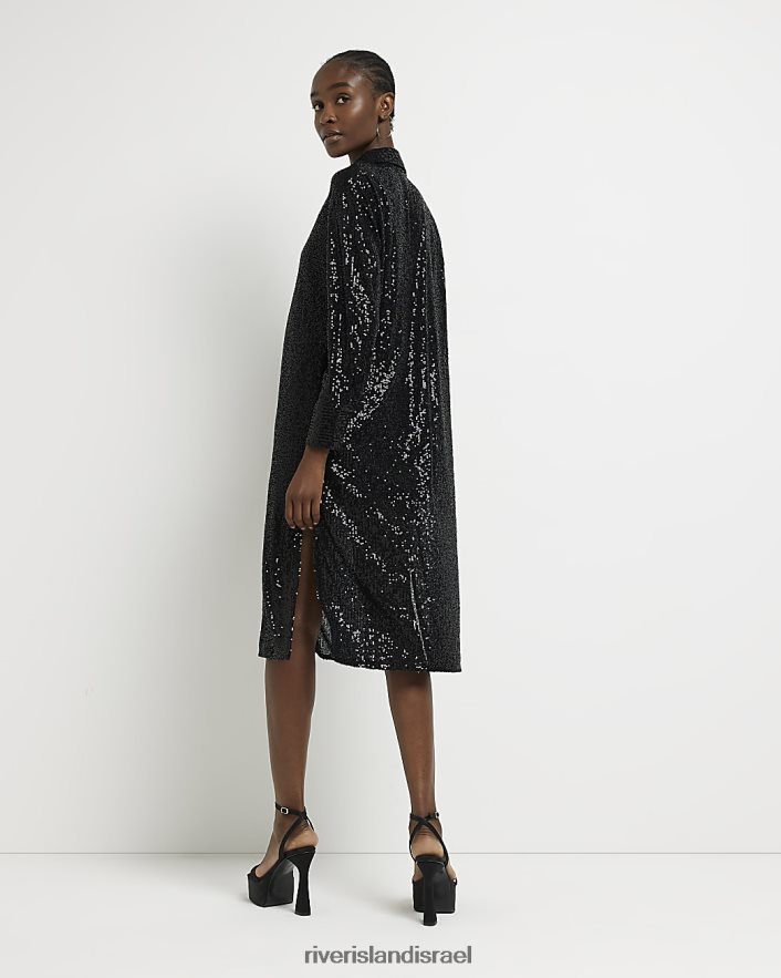 לבוש River Island שמלת חולצת מידי עם שרוולים ארוכים נצנצים שָׁחוֹר נשים BDZ408191