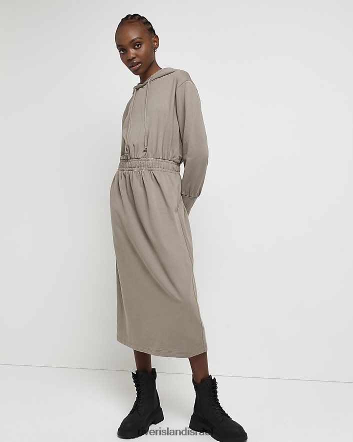 לבוש River Island שמלת מידי סווטשירט עם קפוצ'ון בז' נשים BDZ4081923