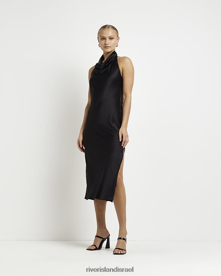 לבוש River Island שמלת מידי סאטן עם צווארון קולר שָׁחוֹר נשים BDZ4081939