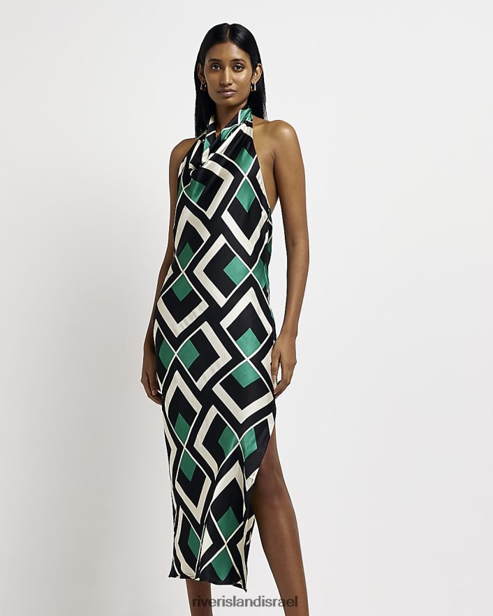 לבוש River Island שמלת מידי סאטן עם צווארון קולר ירוק נשים BDZ4081940