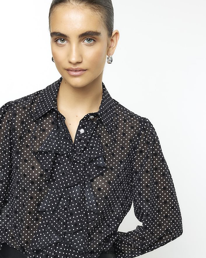 לבוש River Island חולצה נקודתית עם צווארון שָׁחוֹר נשים BDZ408194