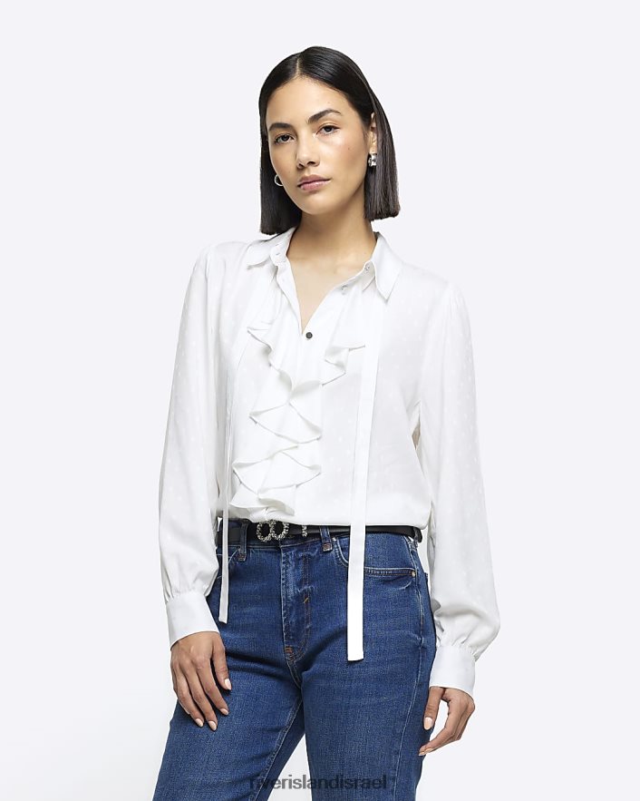 לבוש River Island חולצה עם צווארון סלסולים לבן נשים BDZ408196
