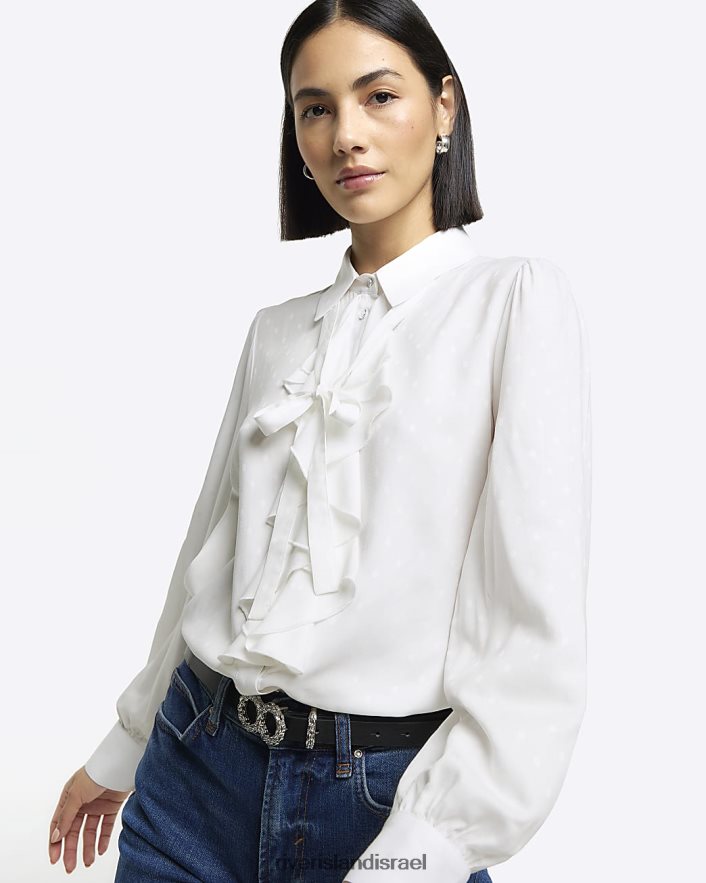לבוש River Island חולצה עם צווארון סלסולים לבן נשים BDZ408196