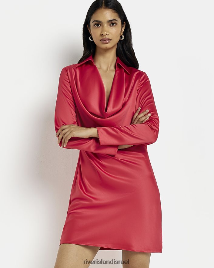 לבוש River Island שמלת מיני צווארון סאטן אָדוֹם נשים BDZ4081985