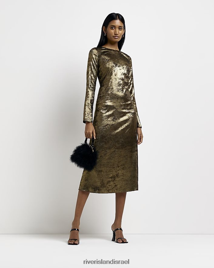 לבוש River Island שמלת מידי סאטן עם שרוולים ארוכים זהב נשים BDZ4082014