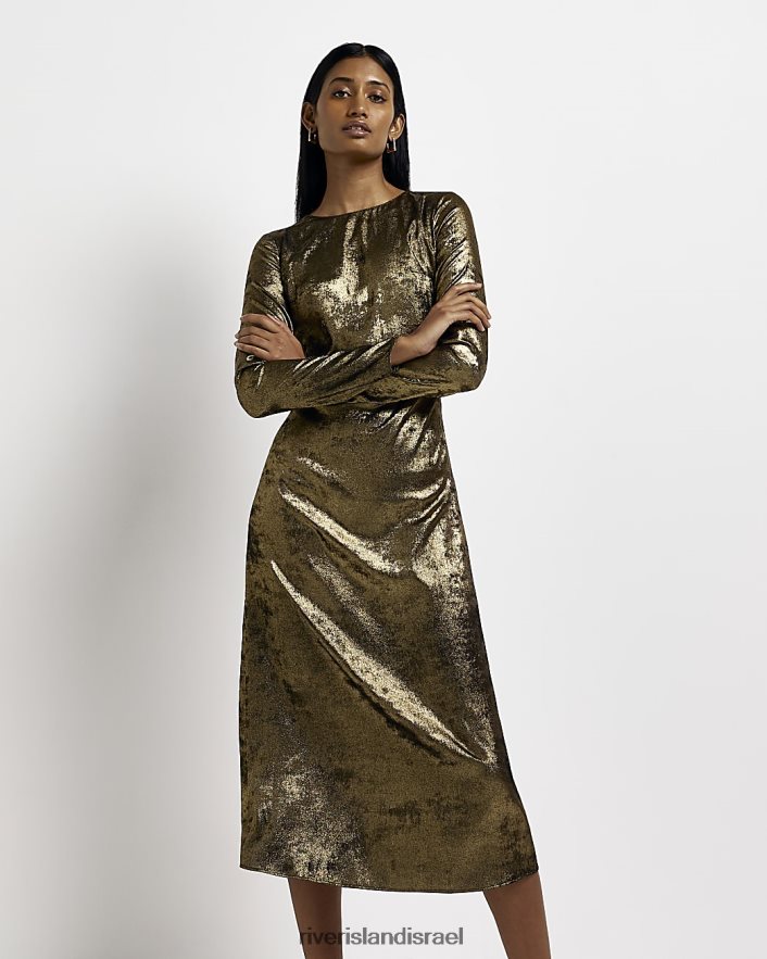 לבוש River Island שמלת מידי סאטן עם שרוולים ארוכים זהב נשים BDZ4082014