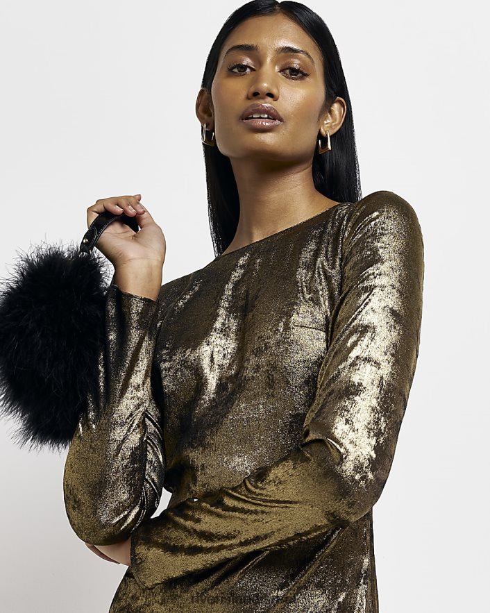 לבוש River Island שמלת מידי סאטן עם שרוולים ארוכים זהב נשים BDZ4082014