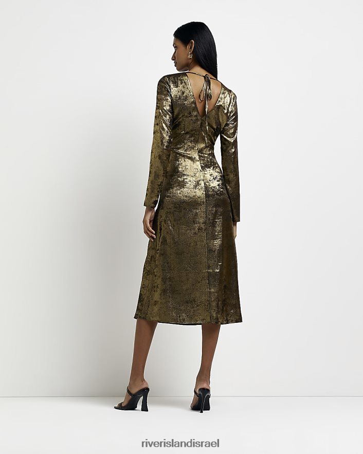 לבוש River Island שמלת מידי סאטן עם שרוולים ארוכים זהב נשים BDZ4082014