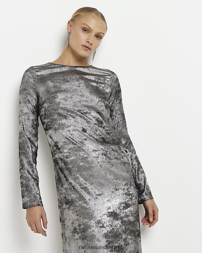 לבוש River Island שמלת מידי סאטן עם שרוולים ארוכים כסף נשים BDZ4082015