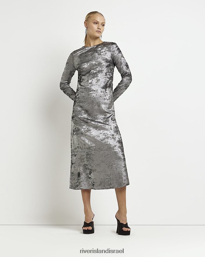 לבוש River Island שמלת מידי סאטן עם שרוולים ארוכים כסף נשים BDZ4082015