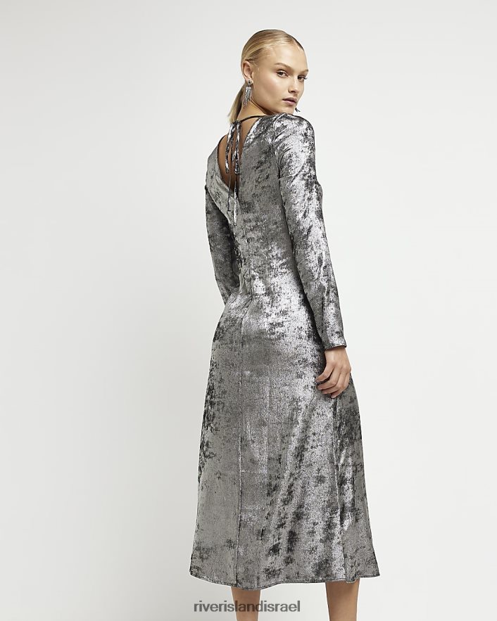 לבוש River Island שמלת מידי סאטן עם שרוולים ארוכים כסף נשים BDZ4082015