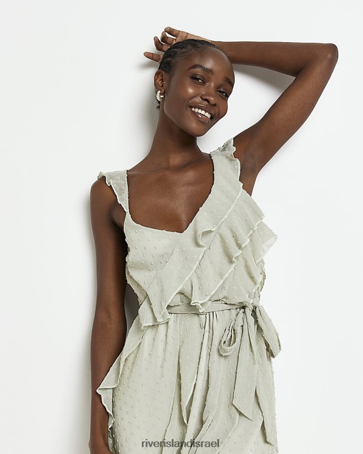 לבוש River Island שמלת מידי קשירת מותניים עם סלסולים ירוק נשים BDZ4082017