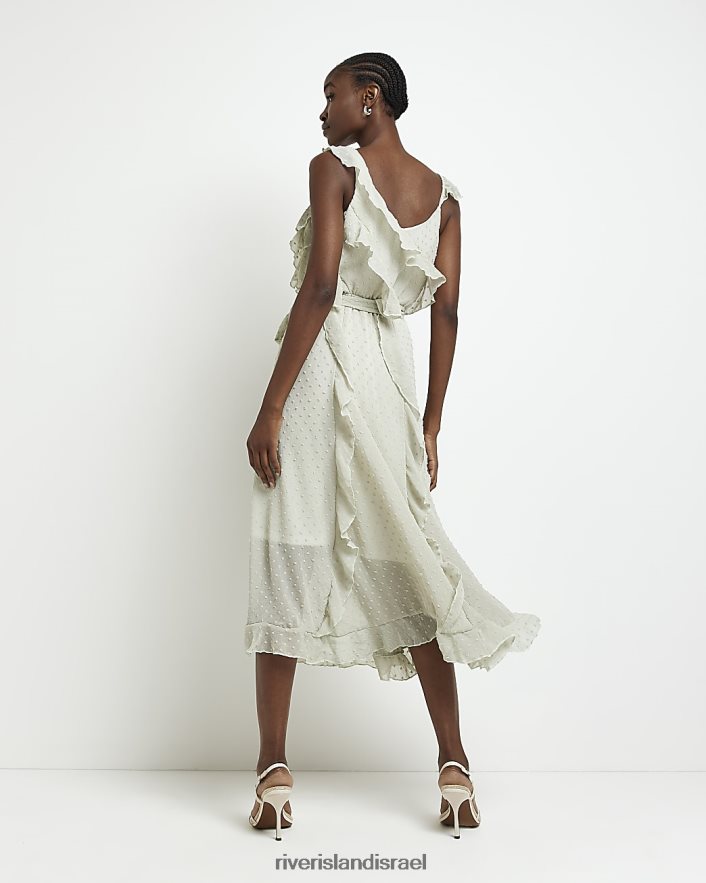 לבוש River Island שמלת מידי קשירת מותניים עם סלסולים ירוק נשים BDZ4082017