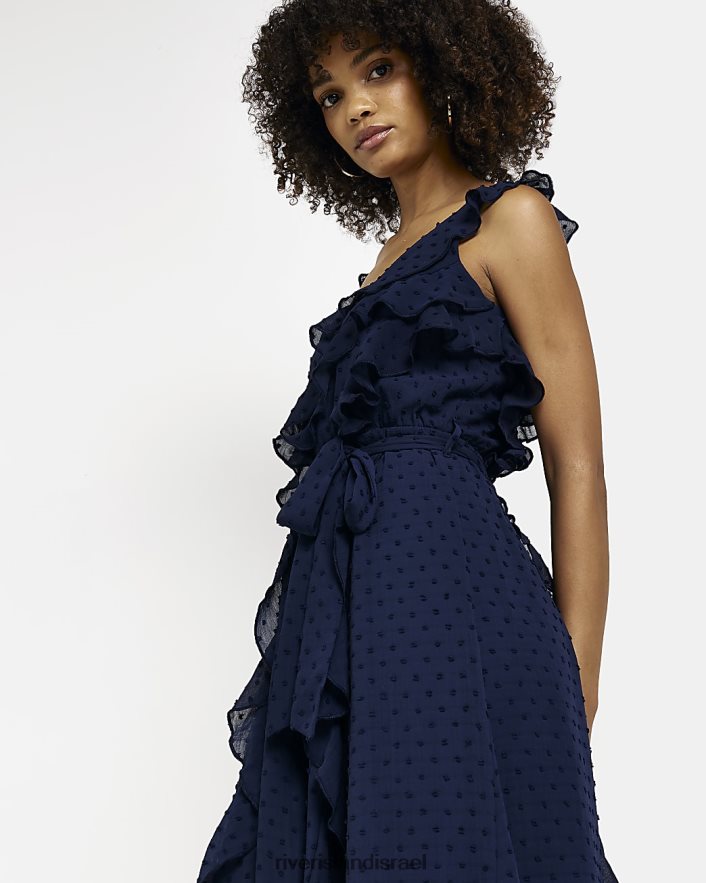 לבוש River Island שמלת מידי קשירת מותניים עם סלסולים חיל הים נשים BDZ4082018