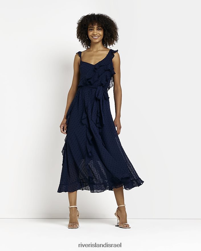 לבוש River Island שמלת מידי קשירת מותניים עם סלסולים חיל הים נשים BDZ4082018