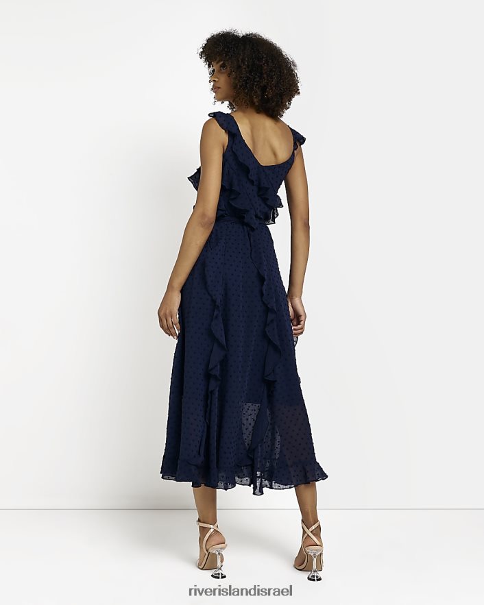 לבוש River Island שמלת מידי קשירת מותניים עם סלסולים חיל הים נשים BDZ4082018