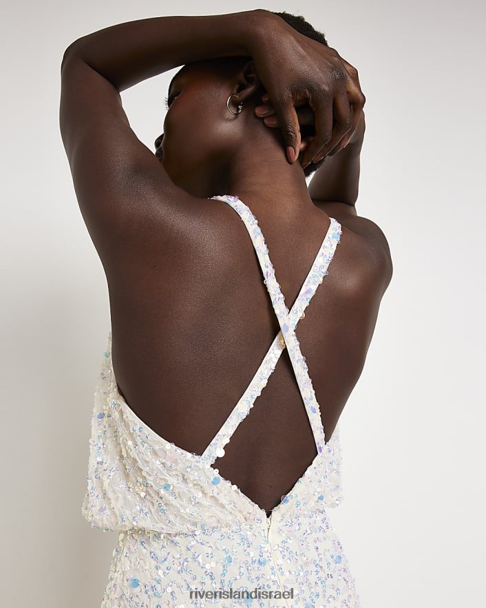 לבוש River Island שמלת מקסי עם צווארון קולר נצנצים לבן נשים BDZ4082058