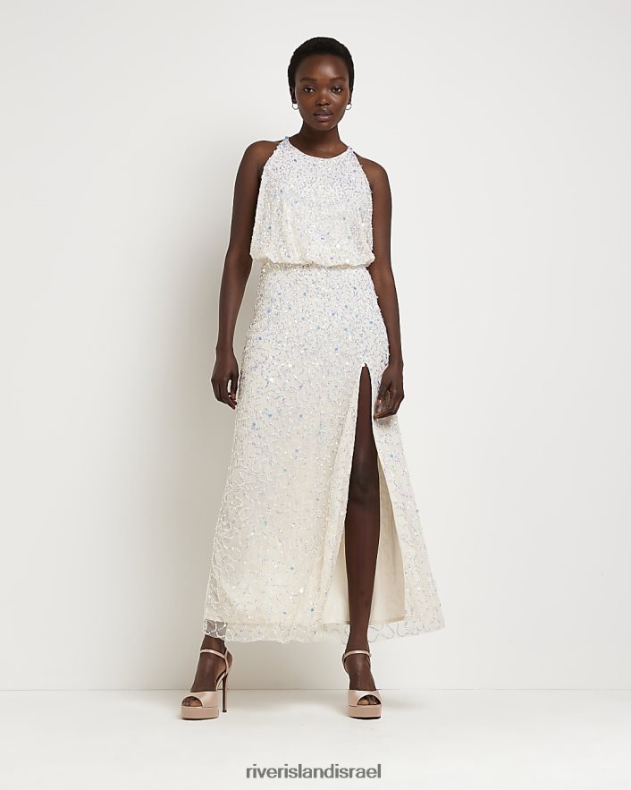 לבוש River Island שמלת מקסי עם צווארון קולר נצנצים לבן נשים BDZ4082058