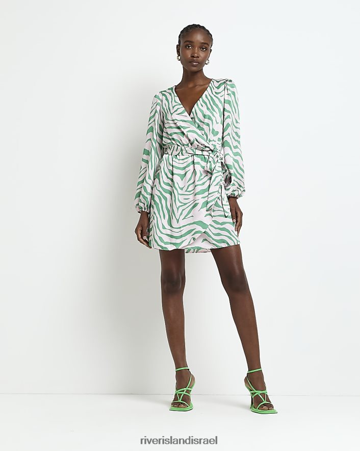 לבוש River Island שמלת מיני מעטפת בהדפס בעלי חיים סאטן ירוק נשים BDZ4082069