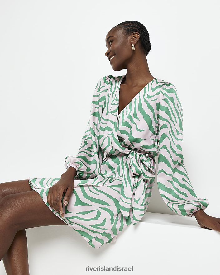 לבוש River Island שמלת מיני מעטפת בהדפס בעלי חיים סאטן ירוק נשים BDZ4082069