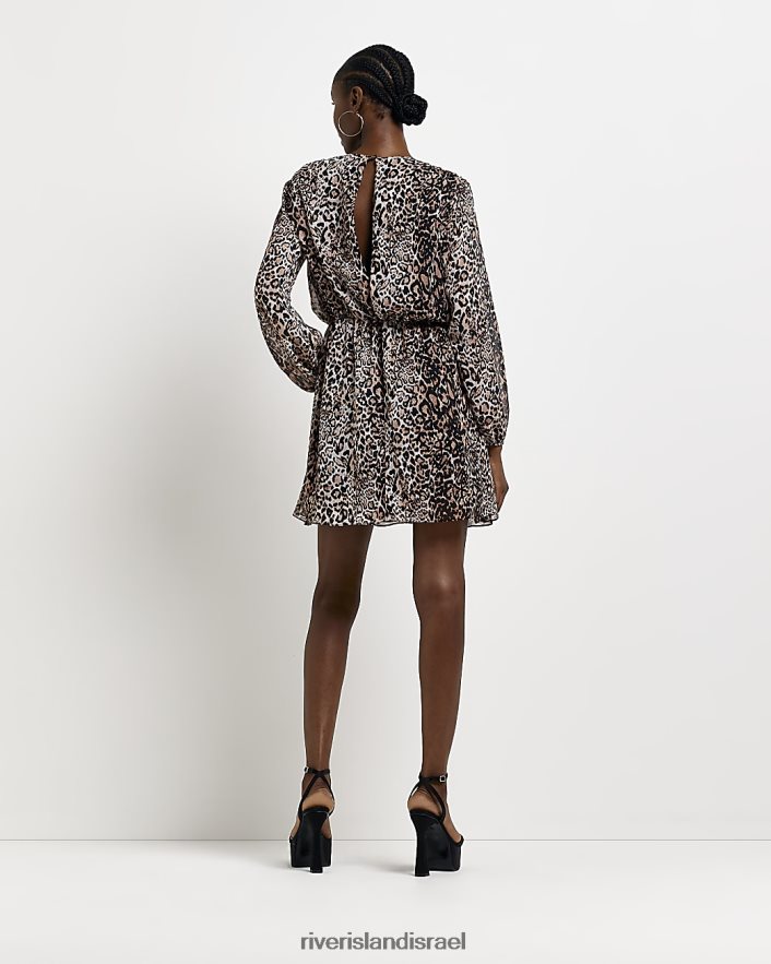 לבוש River Island שמלת מיני משמרת צווארון הדפס בעלי חיים חום נשים BDZ4082092