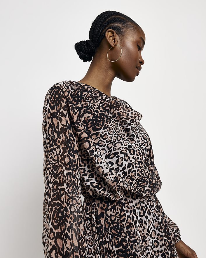 לבוש River Island שמלת מיני משמרת צווארון הדפס בעלי חיים חום נשים BDZ4082092