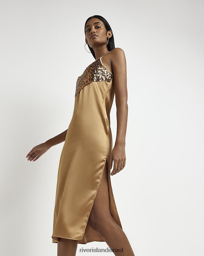לבוש River Island שמלת מידי סאטן עם נצנצים זהב נשים BDZ4082103