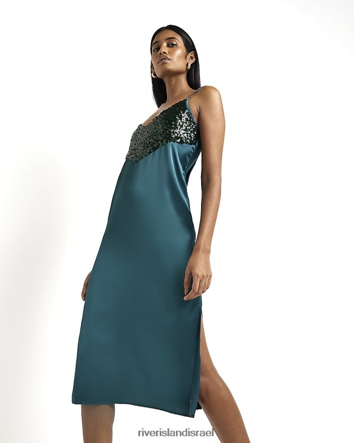 לבוש River Island שמלת מידי סאטן עם נצנצים ירוק נשים BDZ4082104