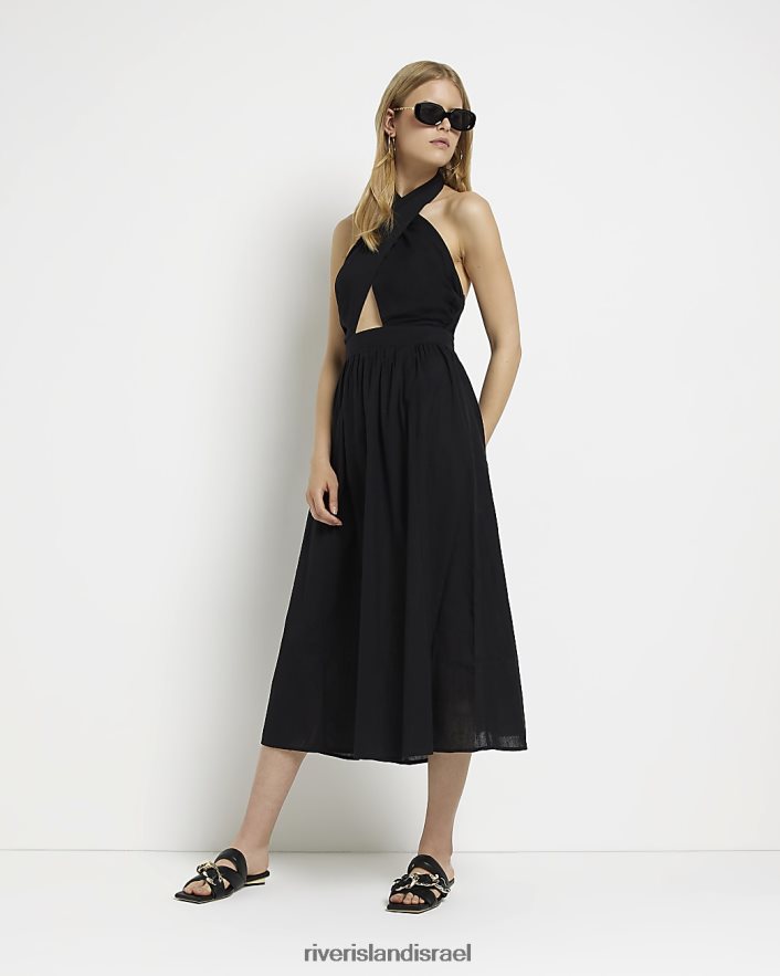לבוש River Island שמלת מידי פשתן עם צווארון קולר שָׁחוֹר נשים BDZ4082141