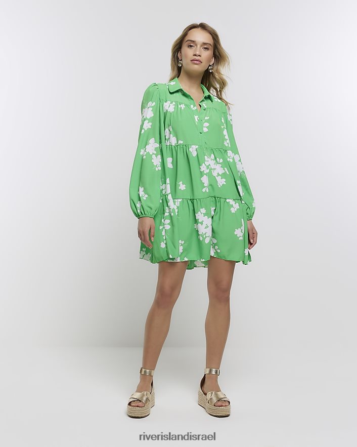 לבוש River Island שמלת מיני חולצה פרחונית עם שרוולים ארוכים ירוק נשים BDZ4082162