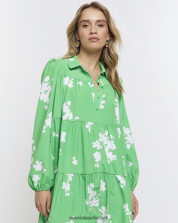 לבוש River Island שמלת מיני חולצה פרחונית עם שרוולים ארוכים ירוק נשים BDZ4082162