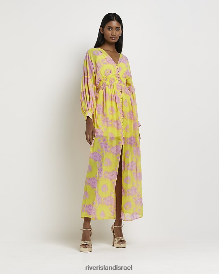 לבוש River Island שמלת חולצת מקסי מודפסת צהוב נשים BDZ4082196