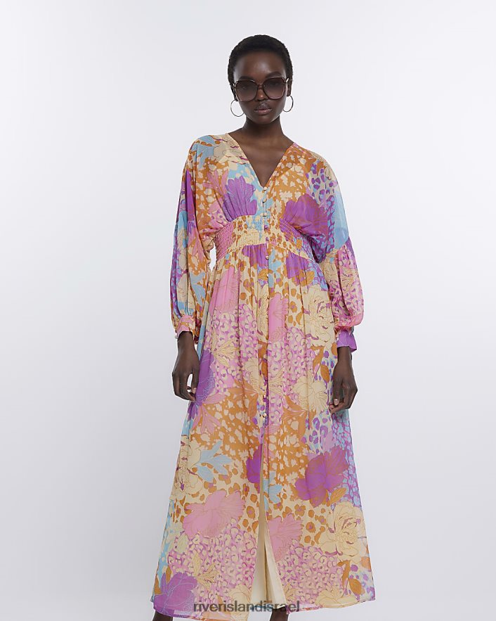 לבוש River Island הדפס שמלת מקסי עם שרוולים ארוכים תפוז נשים BDZ4082198