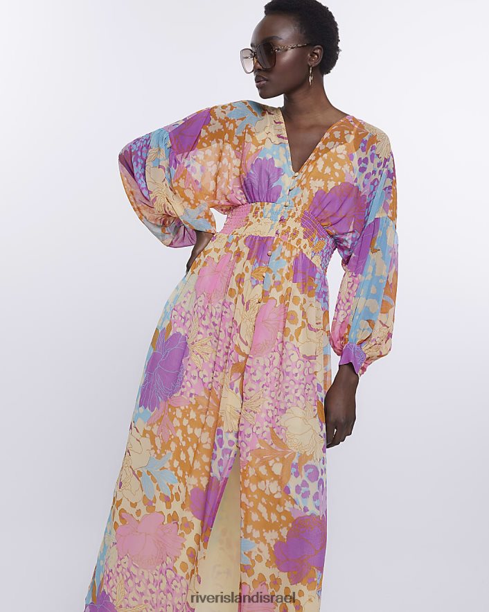 לבוש River Island הדפס שמלת מקסי עם שרוולים ארוכים תפוז נשים BDZ4082198