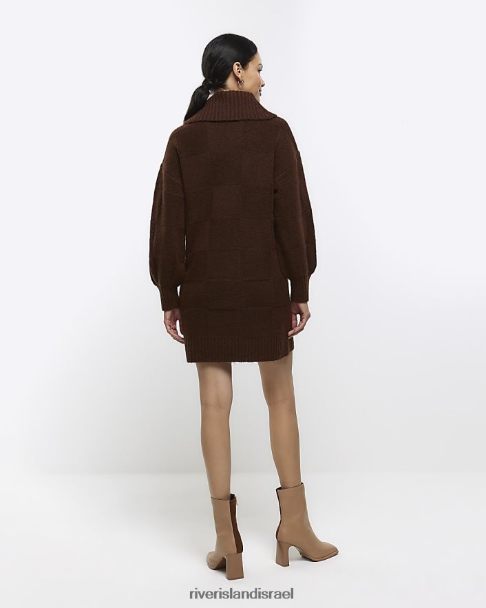 לבוש River Island שמלת מיני מגשר עם צווארון רול מרקם חום נשים BDZ408222