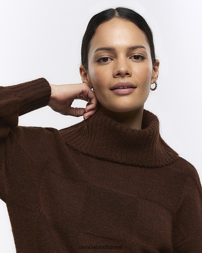 לבוש River Island שמלת מיני מגשר עם צווארון רול מרקם חום נשים BDZ408222