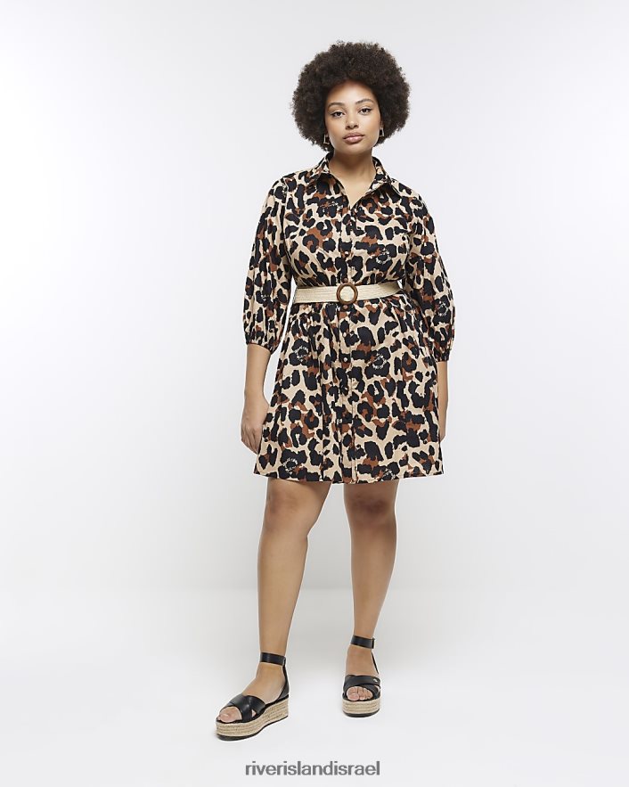 לבוש River Island בתוספת שמלת מיני חולצה בהדפס נמר חום נשים BDZ4082248