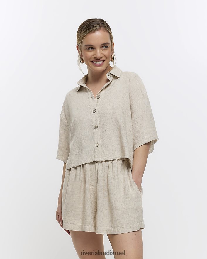 לבוש River Island חולצת קרופ קטנה עם פשתן אֶבֶן נשים BDZ4082284