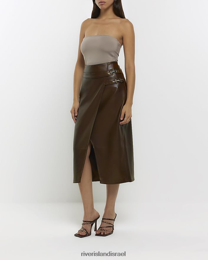 לבוש River Island חצאית מידי מעטפת מעור מלאכותי חום נשים BDZ408240