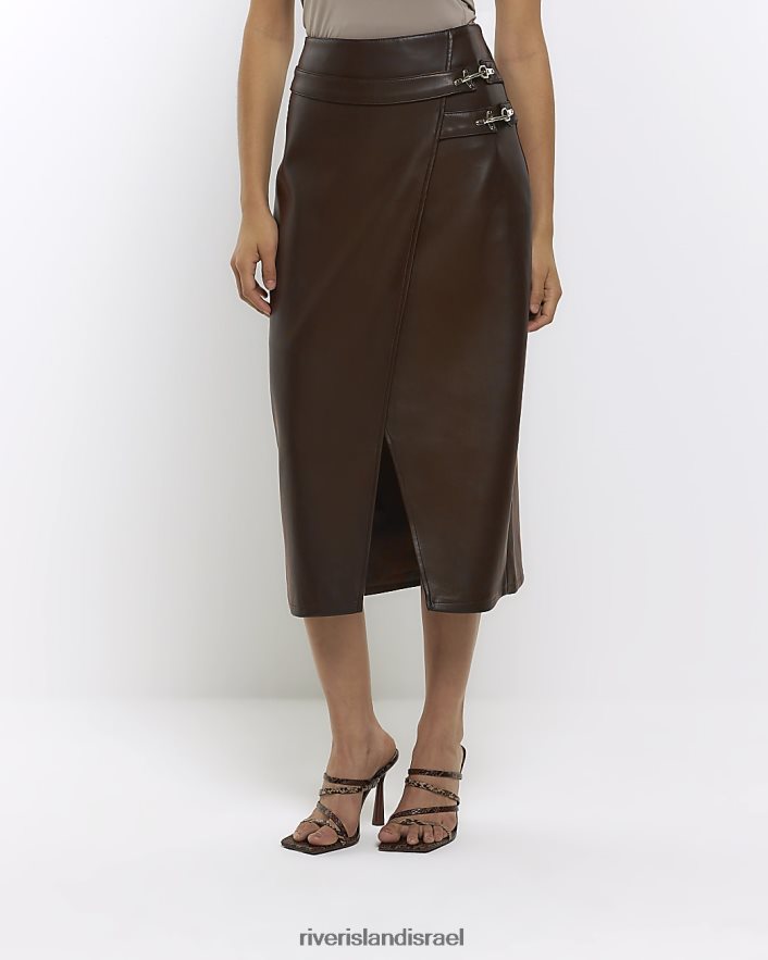לבוש River Island חצאית מידי מעטפת מעור מלאכותי חום נשים BDZ408240