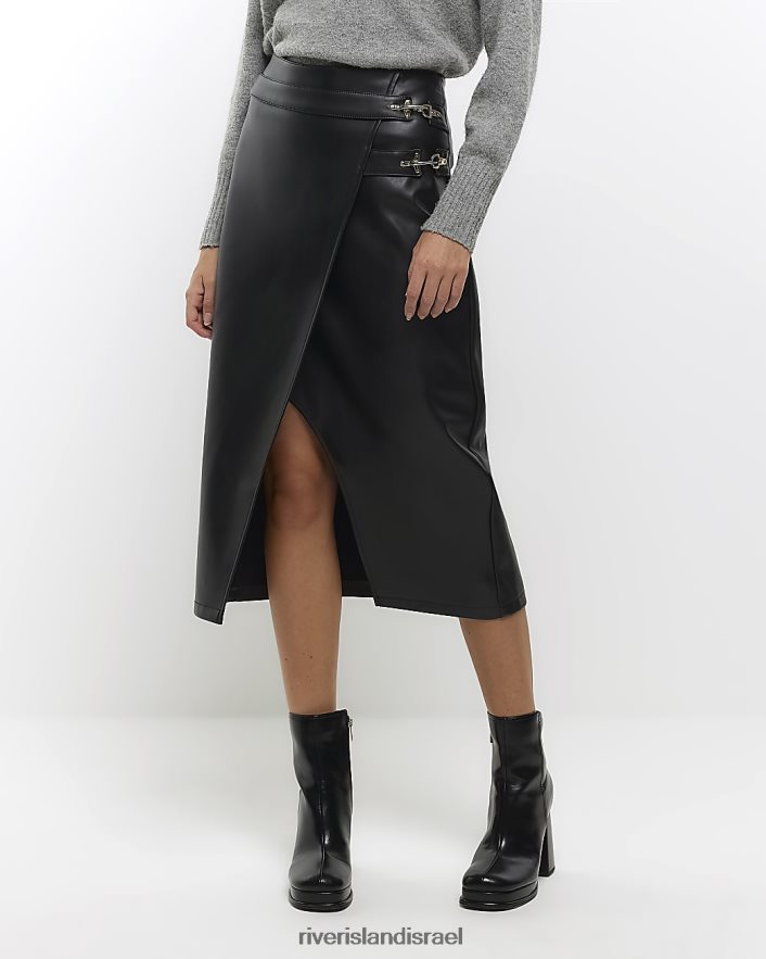 לבוש River Island חצאית מידי מעטפת מעור מלאכותי שָׁחוֹר נשים BDZ408241