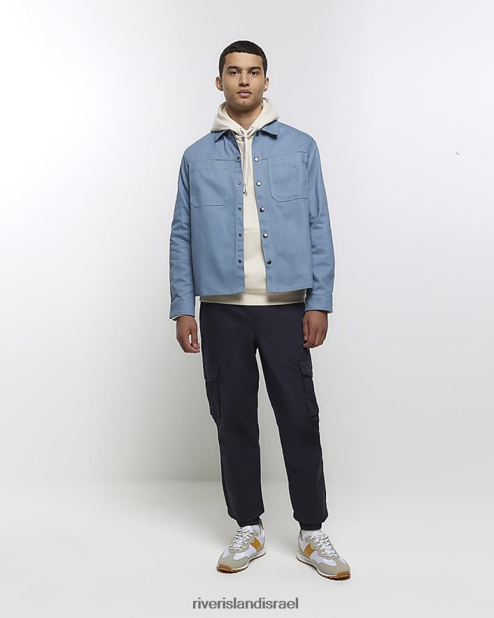 לבוש River Island חולצה קדמית של פופר בכושר רגיל כְּחוֹל גברים BDZ4082410