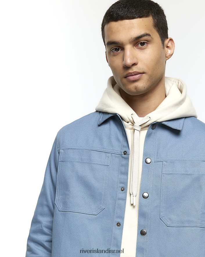 לבוש River Island חולצה קדמית של פופר בכושר רגיל כְּחוֹל גברים BDZ4082410