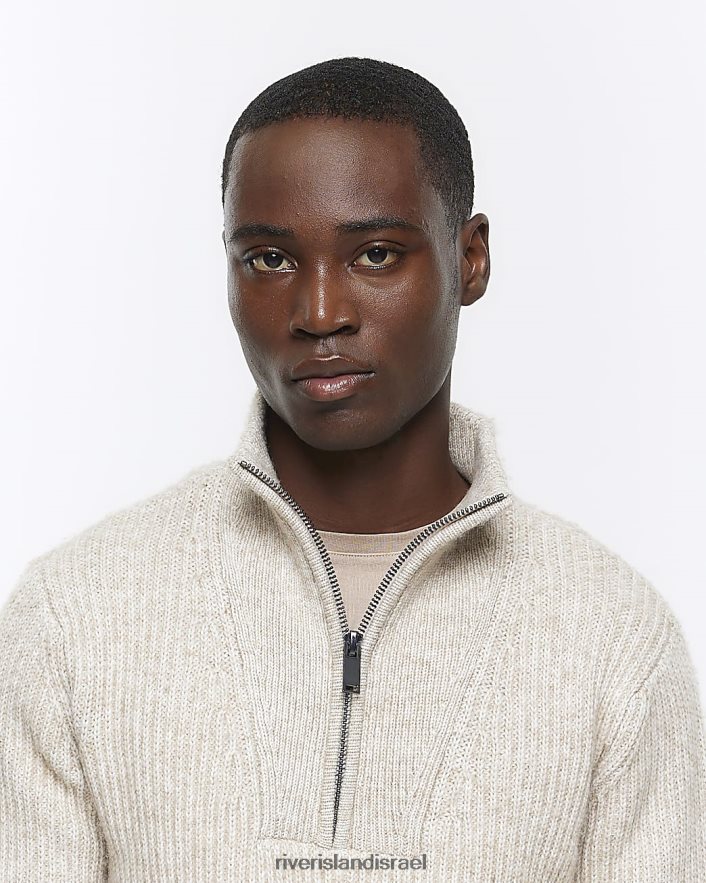 לבוש River Island מגשר משפך צלעות רך בכושר דק בז' גברים BDZ4082414